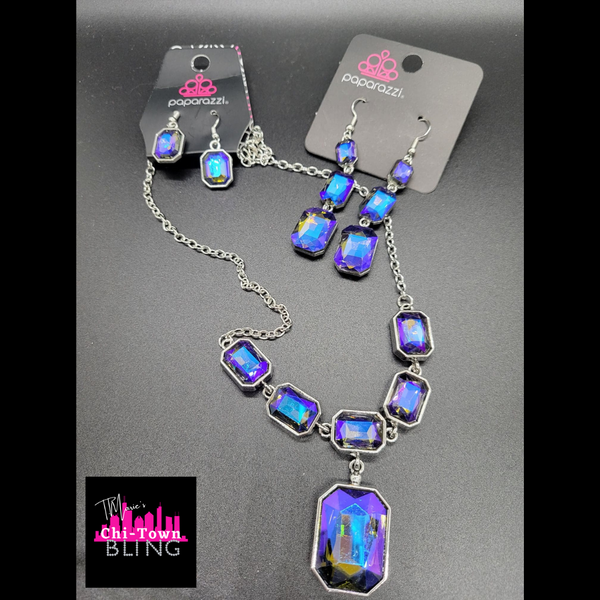 Paparazzi Million Dollar Moment Multi Iridescent/Oil Spill Necklace Set (Blue)